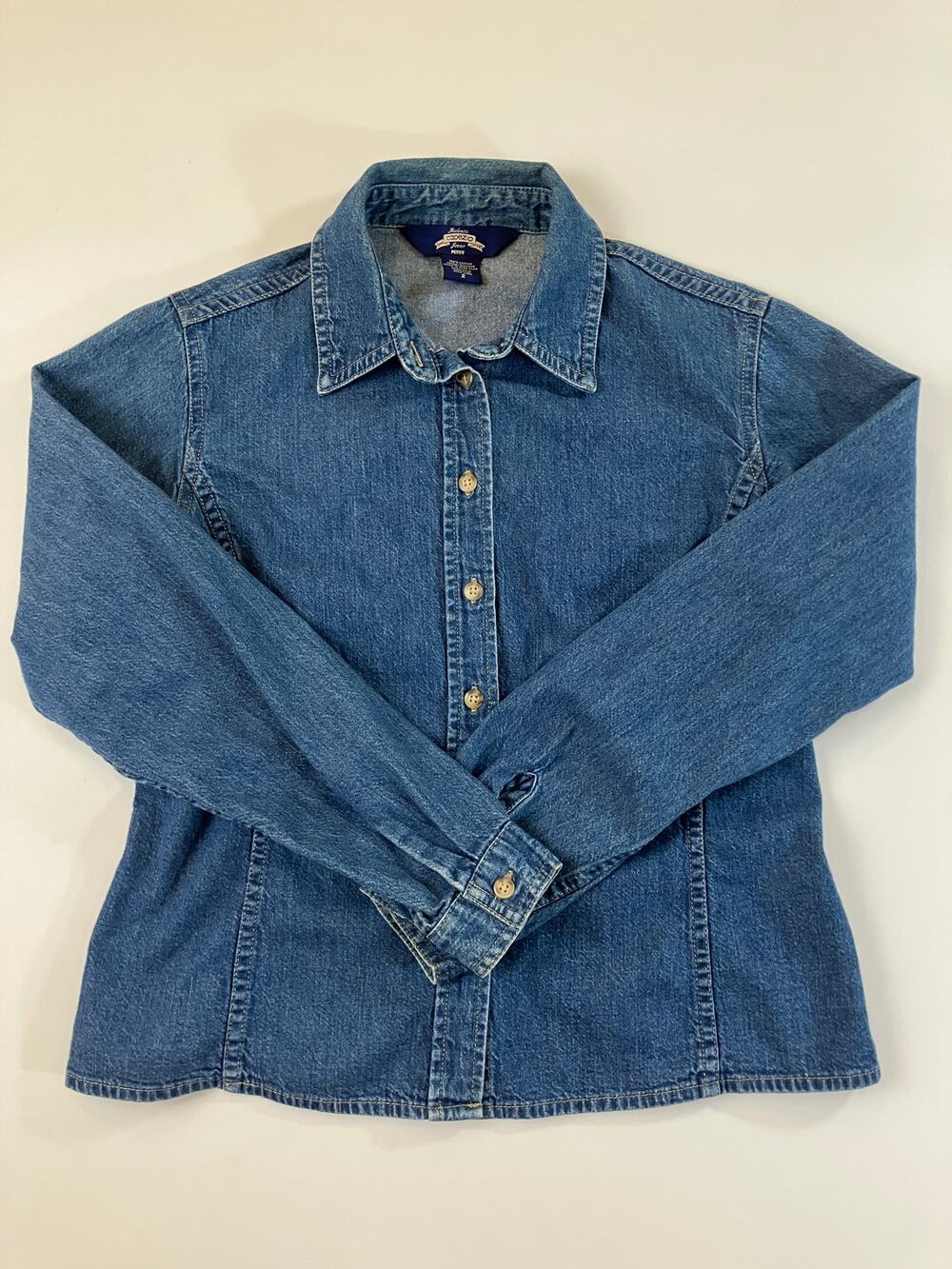 Vintage Capezio Jeans Petite Denim Shirt Women Size 2 Blue Button Down Cotton